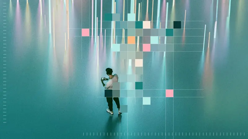 A person stands in a futuristic light environment. Parts of the image are overlaid with colorful pixel blocks.